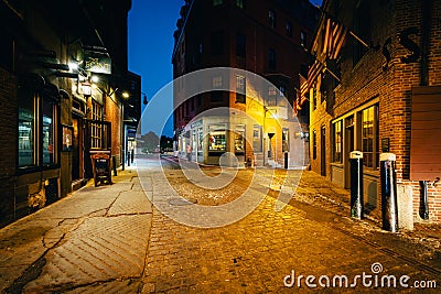 The beautiful cobblestone Marshall Street at night, in Boston, M Editorial Stock Photo