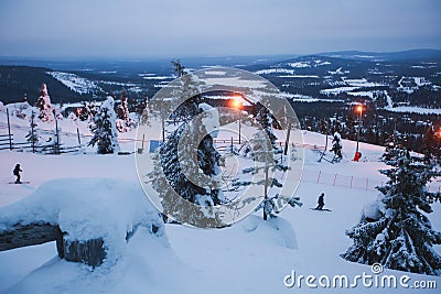 Beautiful cold mountain view of ski resort, sunny winter day with slope Stock Photo