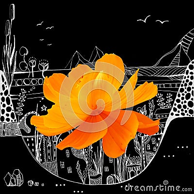 Beautiful collage with big orange cosmos flower on black and white drawing of fantasy landscape Stock Photo