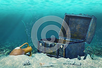 Beautiful collage of closed old wooden treasure chest submerged Stock Photo