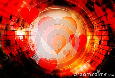 Beautiful collage with hearts and music notes in cosmic space, symbolizining the love to music. Stock Photo