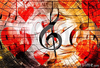 Beautiful collage with hearts and music notes and music clefs, symbolizining the love to music. Stock Photo