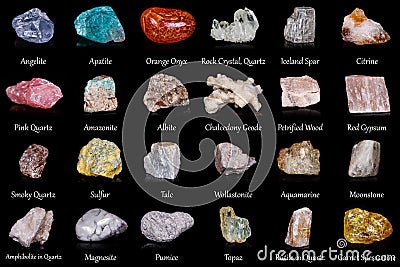 Beautiful collection of geological minerals on a black background Stock Photo