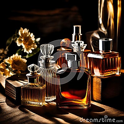 Beautiful collection of perfume bottles - ai generated image Stock Photo