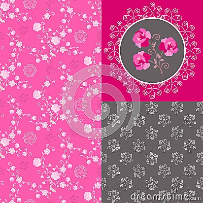 Beautiful collection of matching fabrics for pajamas. Home textile with roses and butterflies in pink and grey tones Vector Illustration