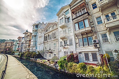 Beautiful colofrul wooden buildings in Arnavutkoy area Editorial Stock Photo