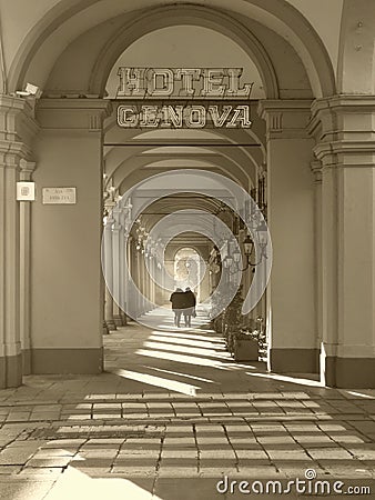 Beautiful colonnade near Turin train station, Italy Editorial Stock Photo