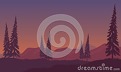 The beautiful color of the night sky with the views of mountains and pine trees silhouettes around it. Vector Vector Illustration