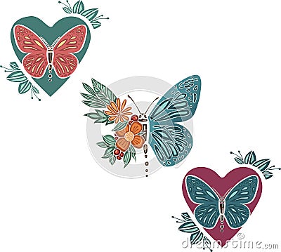 Beautiful colored ethnic love butterflies are hand drawn Vector Illustration