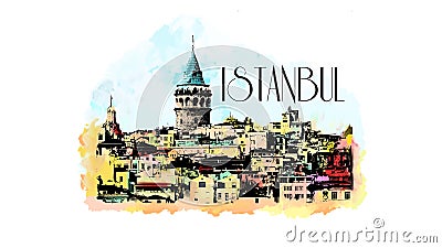 Istanbul abstract colored illustration Galata Tower Cartoon Illustration