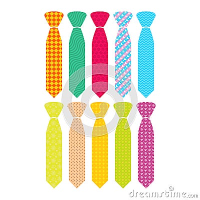 Beautiful colored men`s ties with different patterns. Vector Illustration