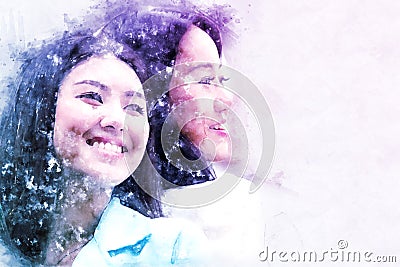 Beautiful colorful Asia girl smile face on watercolor paint Stock Photo