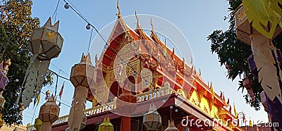 Colorful buddhist temple, red and gold, Thailand. Editorial Stock Photo