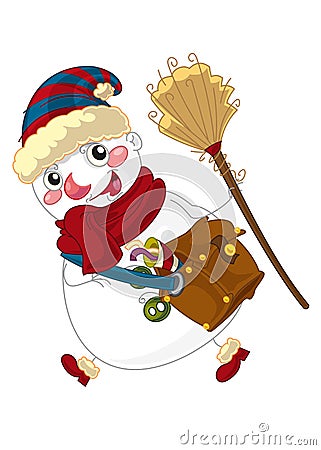 Happy cartoon snowman running with broom - - smiling Cartoon Illustration