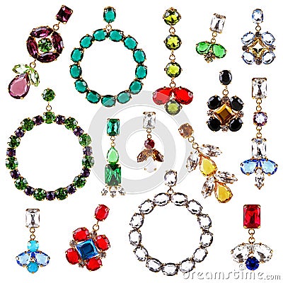 Beautiful colorful crystal earrings collection isolated on white Stock Photo