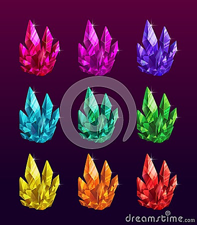 Beautiful colorful crystals set. Ruby, emerald, sapphire, brilliant gemstones. Vector Illustration
