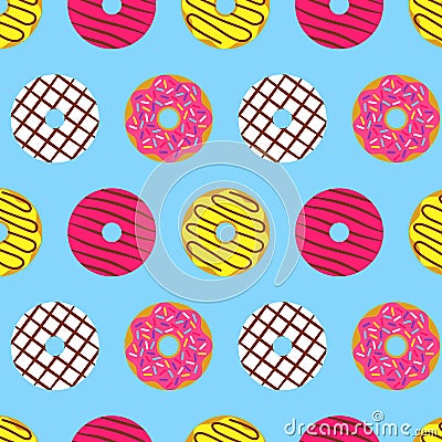 Beautiful colorful cute pink and yellow donuts circle realistic many taste pattern on blue Stock Photo