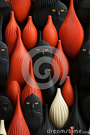 Beautiful colorful cylindrical-conical grooved shapes with a reduced forms of black cats Stock Photo