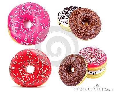 Beautiful colorful donuts with sprinkles. Collection of donuts. Stock Photo