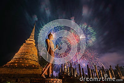 Beautiful colorful fireworks to celebrate Thai Loykrathong festival Stock Photo