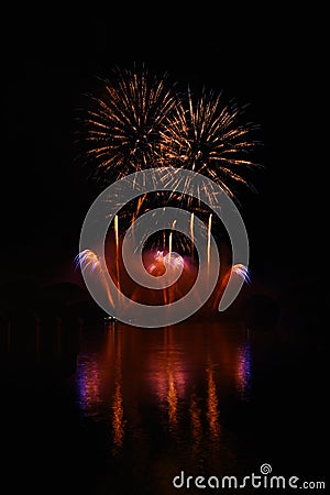 Beautiful colorful fireworks on water. Brno dam. International Fireworks Competition Ignis Brunensis. Brno - Czech Republic - Euro Stock Photo