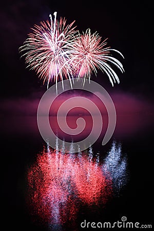 Beautiful colorful fireworks on water. Brno dam. International Fireworks Competition Ignis Brunensis. Brno - Czech Republic - Euro Stock Photo