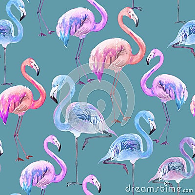 Beautiful colorful flamingo on blue background. Bright exotic seamless pattern. Watercolor painting. Cartoon Illustration