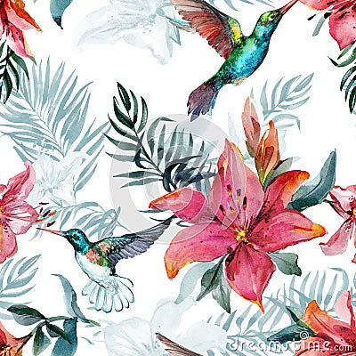 Beautiful colorful flying hummingbirds and red lily flowers on white background. Exotic tropical seamless pattern. Cartoon Illustration