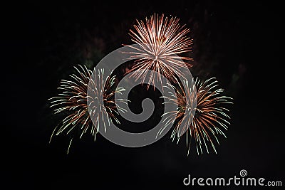Beautiful colorful holiday fireworks on the black sky background, long exposure Stock Photo