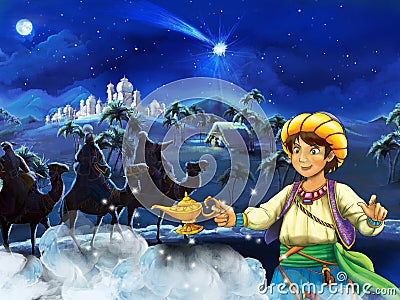 Cartoon scene with young boy looking at three riders on camels by night Cartoon Illustration