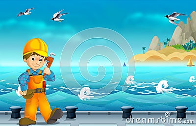 Cartoon construction worker working in the ship dock Cartoon Illustration