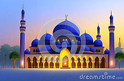 Beautiful and colorful illustration of mosque with trees, flowers and peaceful sky, tranquil, serene, vibrant. AI Generated Cartoon Illustration