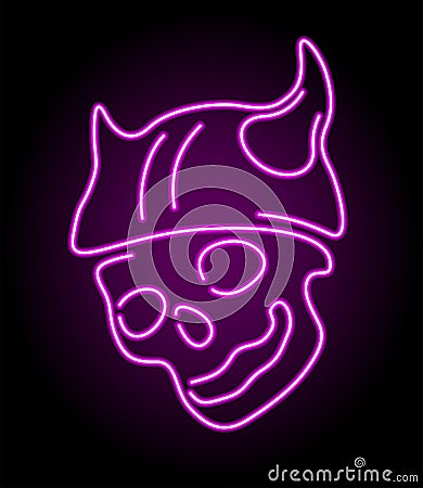 Pink neon skull wearing horned viking helmet Vector Illustration