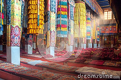 Beautiful colorful interior decoration of Tibetan buddhist temple, Tibet Stock Photo