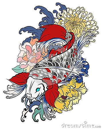 Beautiful, colorful Koi carp with water splash, lotus and peony flower. Vector Illustration