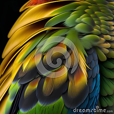 Beautiful colorful macaw parrot feathers on a black background. Stock Photo