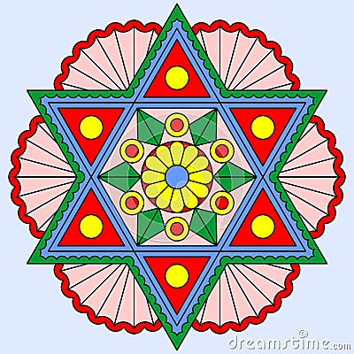 Beautiful colorful mandala on light blue background. Vector designe with six-pointed star Vector Illustration