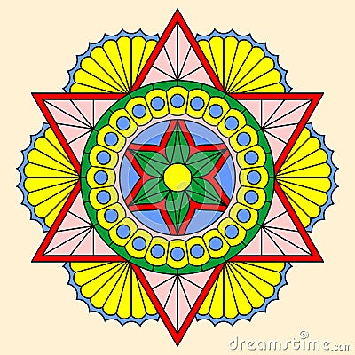 Beautiful colorful mandala with six-pointed star on light yellow background. Vector designe Vector Illustration