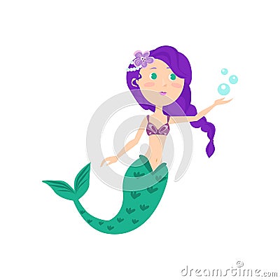 Beautiful colorful mermaid with violet hair and green tail Vector Illustration