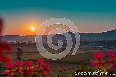 Beautiful colorful morning view of the village of Sankt Georgen im Attergau, idyllical austrian village in early morning, at Stock Photo