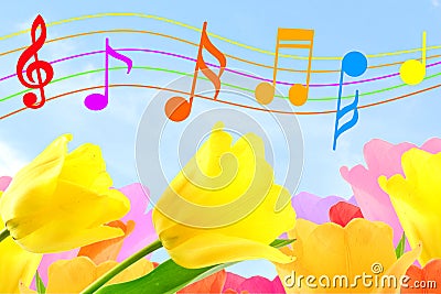 Beautiful colorful Music notes in sky and flower background Stock Photo