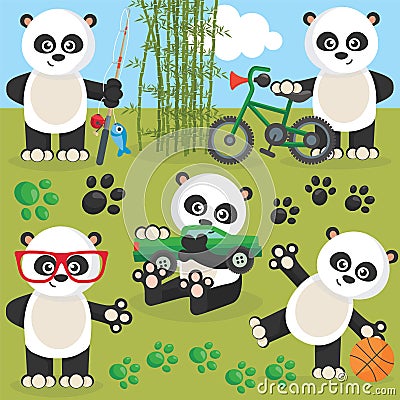 Beautiful colorful playing baby pandas Vector Illustration