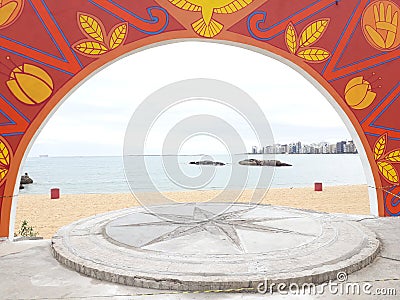 colored portal in front of the sea Stock Photo