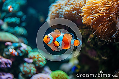 Beautiful colorful sea fish live in an aquarium among various algae and corals. Rare fish s Red Amphiprion Clown fish Stock Photo