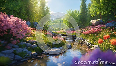 Beautiful colorful spring landscape with rivulet and a blooming highlans valley Stock Photo