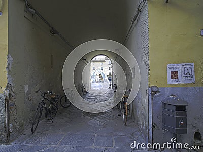 Beautiful colorful square - Piazza dell Anfiteatro in Lucca. Tuscany, Italy Editorial Stock Photo