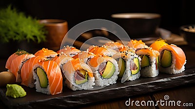 Beautiful and Colorful Sushi Display, Exquisite Japanese Culinary Art in Vibrant Photo Stock Photo