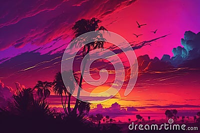 Beautiful colorful trendy viva magenta color sunset sky landscape Stock Photo