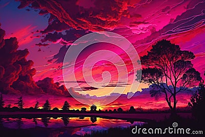 Beautiful colorful trendy viva magenta color sunset sky landscape Stock Photo