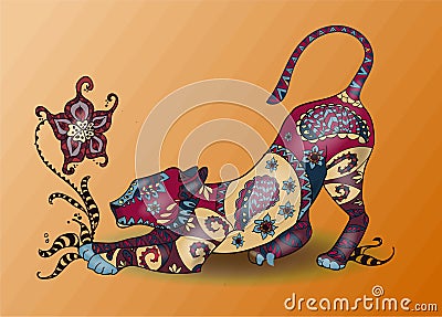 Beautiful colorfull zentangle lion on orange background Vector Illustration